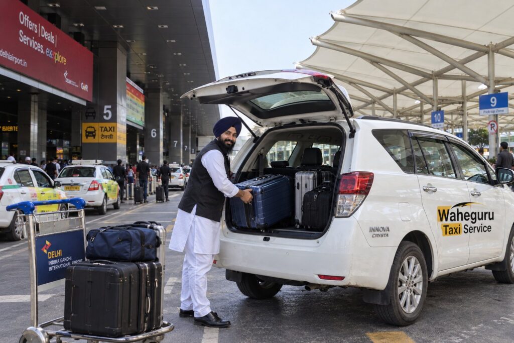 Loading luggage into a Waheguru Taxi Service Innova Crysta at Delhi Airport