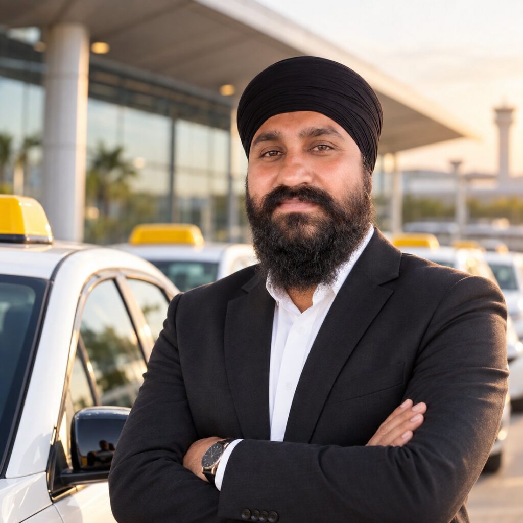 A Waheguru Taxi Service driver at the airport pickup area