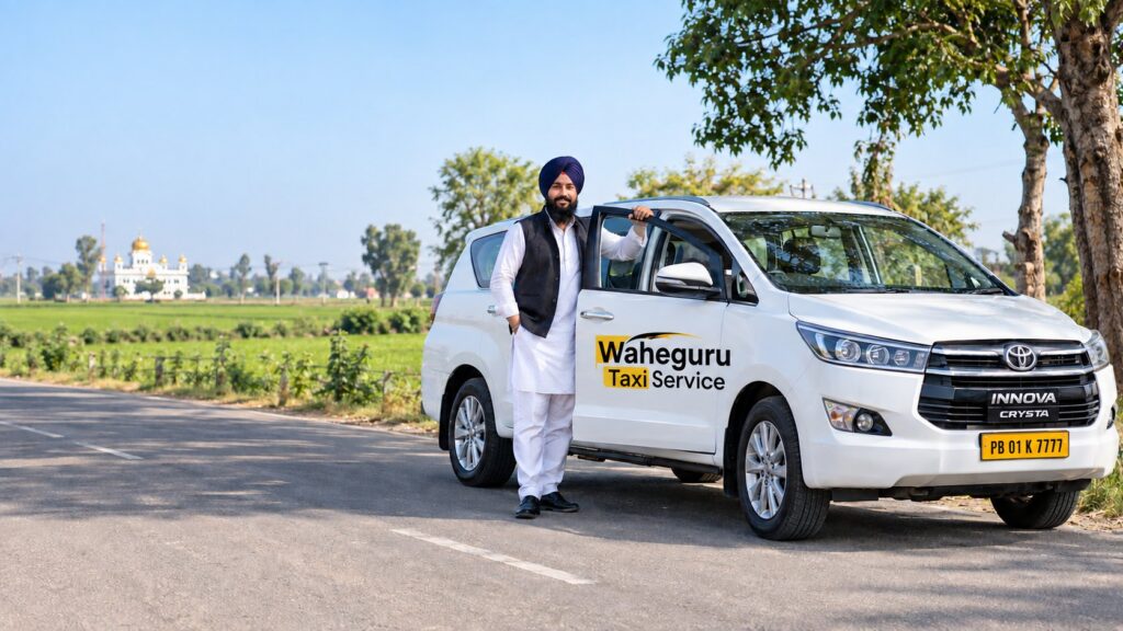 A Waheguru Taxi Service Innova Crysta on a rural road in Punjab